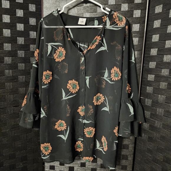 Cabi Women's Long-Sleeved Button-Down Blouse Size L Black Floral Semi-Sheer - Picture 1 of 8